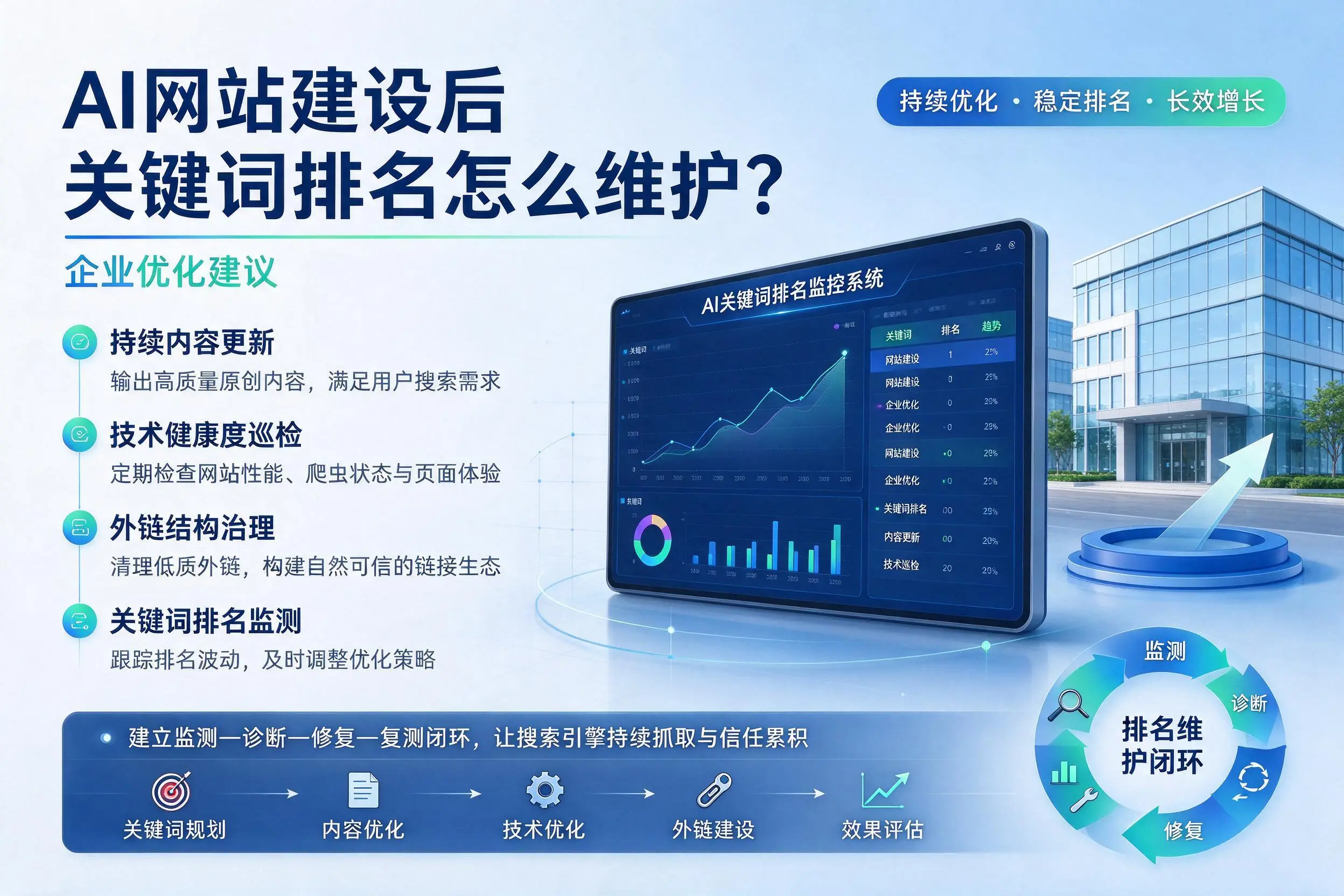 AI网站建设后关键词排名怎么维护？喀什企业优化建议