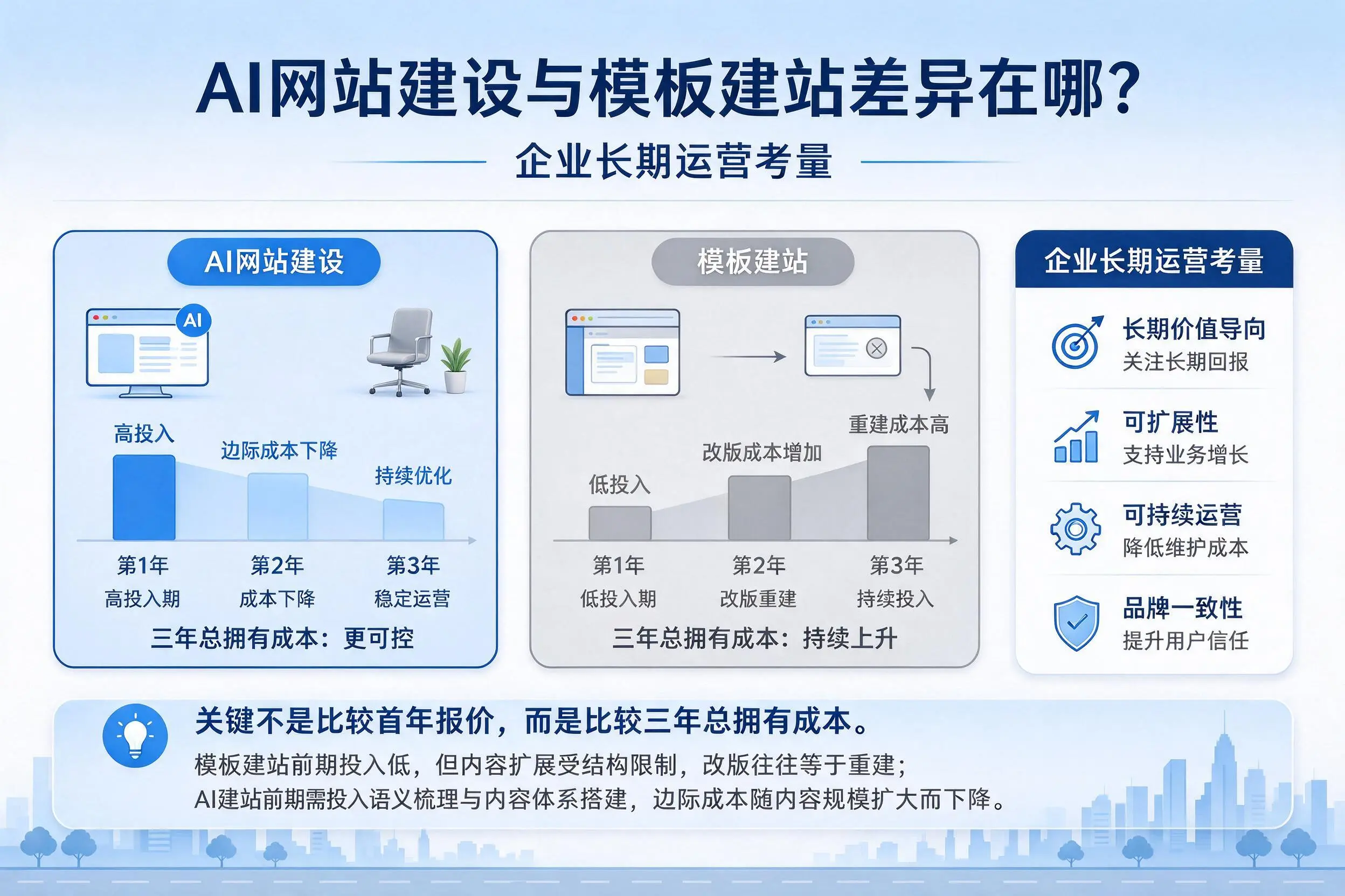 AI网站建设与模板建站差异在哪?喀什企业长期运营考量